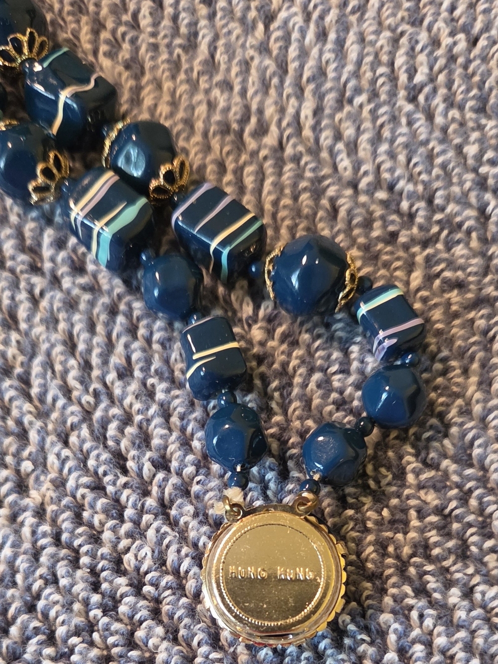 VTG 1950s Mid Century Teal Blue Striped Bead Double Strand Necklace Earring Set - Picture 7 of 7